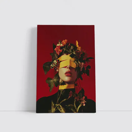 Blindfolded Woman Flowers Butterfly Red Background