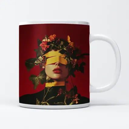 Blindfolded Woman Flowers Butterfly Red Background