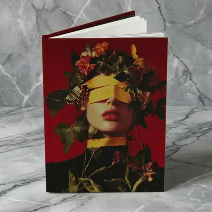Blindfolded Woman Flowers Butterfly Red Background