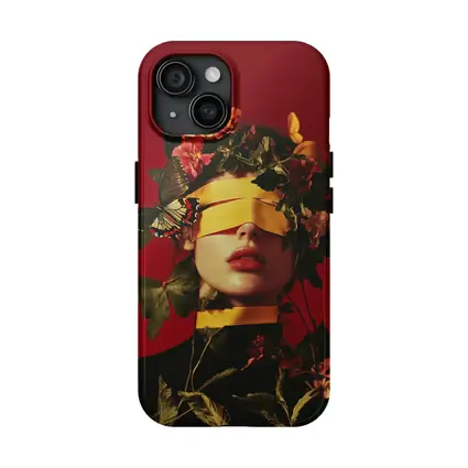 Blindfolded Woman Flowers Butterfly Red Background