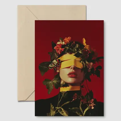 Blindfolded Woman Flowers Butterfly Red Background