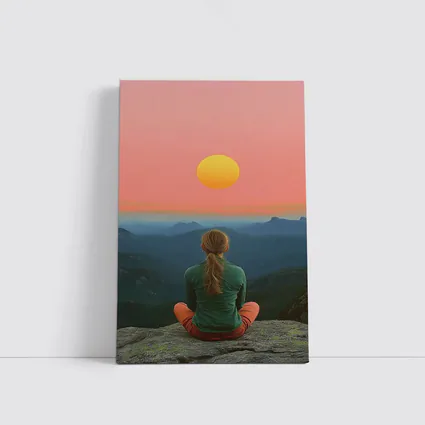 Woman Meditating Mountain Sunset Pink Sky