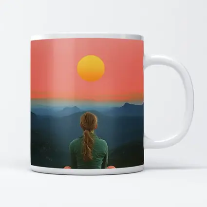 Woman Meditating Mountain Sunset Pink Sky