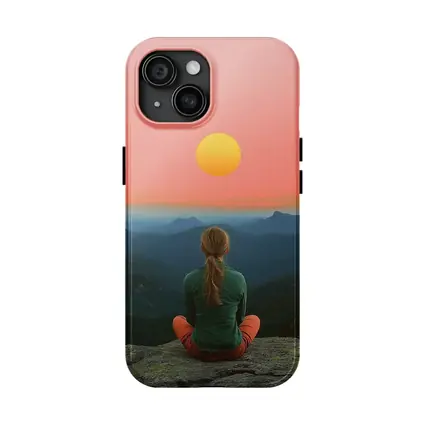 Woman Meditating Mountain Sunset Pink Sky
