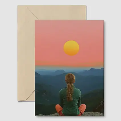 Woman Meditating Mountain Sunset Pink Sky
