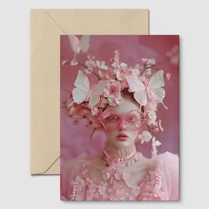 Pink Fantasy Woman Butterflies Cherry Blossoms Portrait