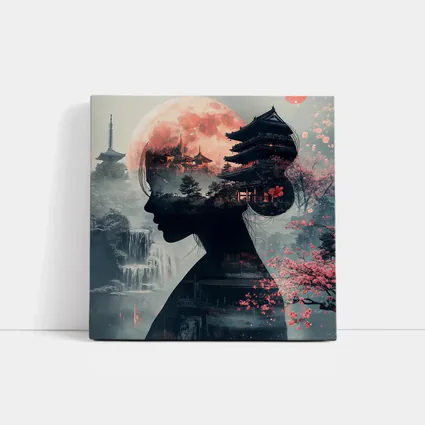 Japanese Woman Silhouette Pagoda Cherry Blossoms Moon