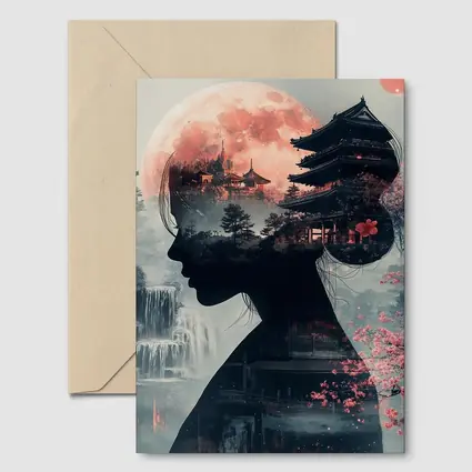 Japanese Woman Silhouette Pagoda Cherry Blossoms Moon