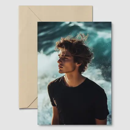 Young Man Standing By Ocean Waves