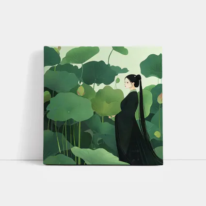 Woman in Black Among Green Lotus Leaves