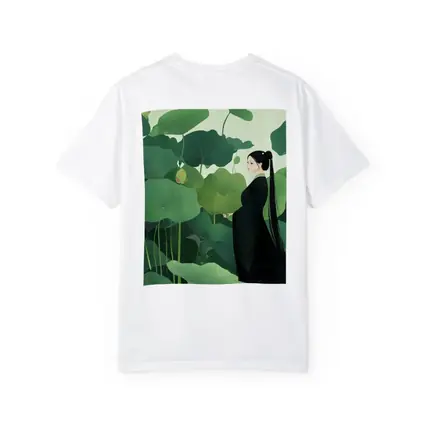 Woman in Black Among Green Lotus Leaves