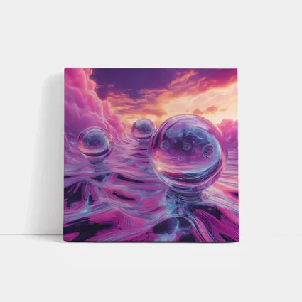 Glass Orbs Floating Over Purple Surreal Landscape