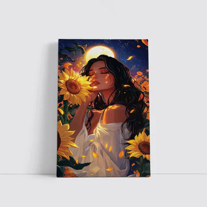 Woman Among Sunflowers Under Full Moon