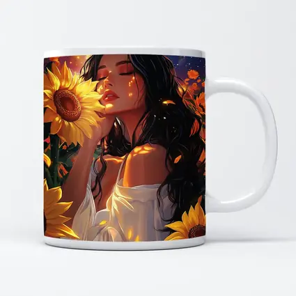 Woman Among Sunflowers Under Full Moon