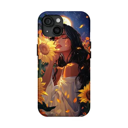 Woman Among Sunflowers Under Full Moon