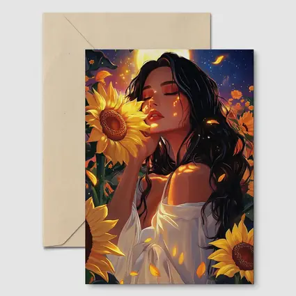 Woman Among Sunflowers Under Full Moon