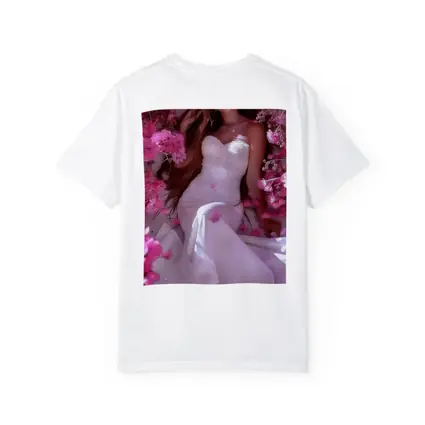 Woman in White Dress Pink Blossom Garden