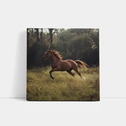Chestnut Horse Galloping Through Green Meadow