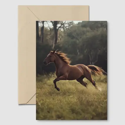 Chestnut Horse Galloping Through Green Meadow