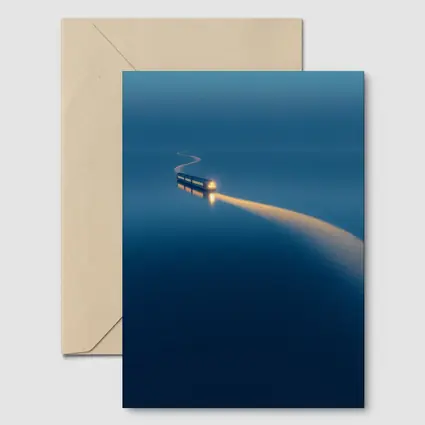 Surreal Train Crossing Calm Blue Water