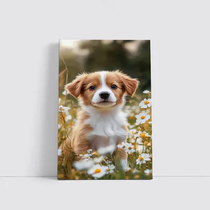 Cute Puppy Sitting Among White Daisies