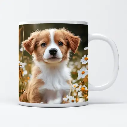 Cute Puppy Sitting Among White Daisies