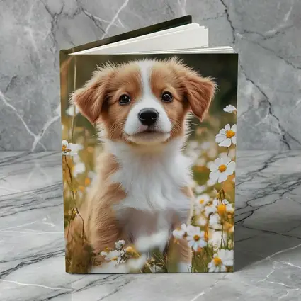 Cute Puppy Sitting Among White Daisies