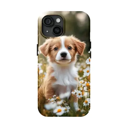 Cute Puppy Sitting Among White Daisies