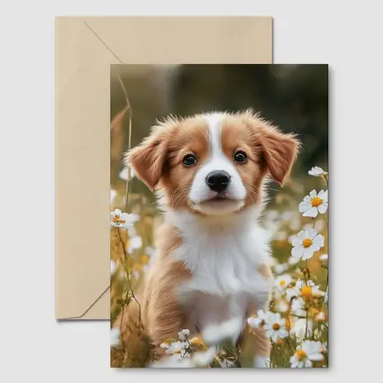 Cute Puppy Sitting Among White Daisies
