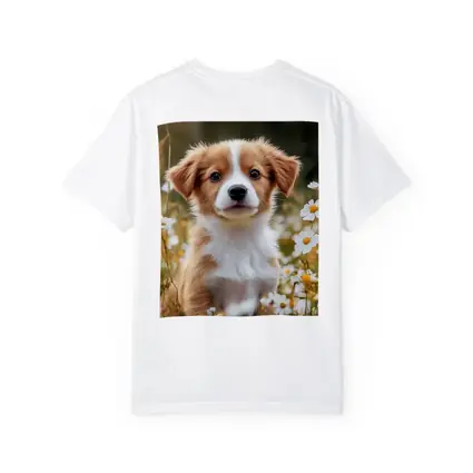 Cute Puppy Sitting Among White Daisies