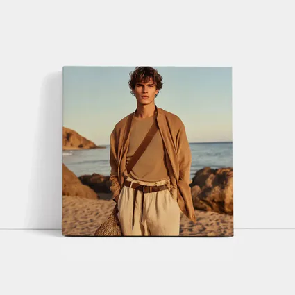 Young Man Beige Outfit Rocky Beach