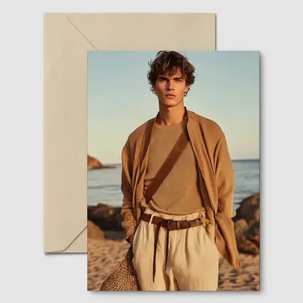 Young Man Beige Outfit Rocky Beach