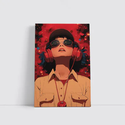 Anime Girl Headphones Red Cosmic Background