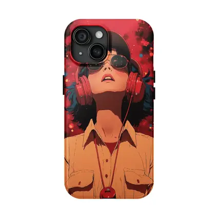 Anime Girl Headphones Red Cosmic Background