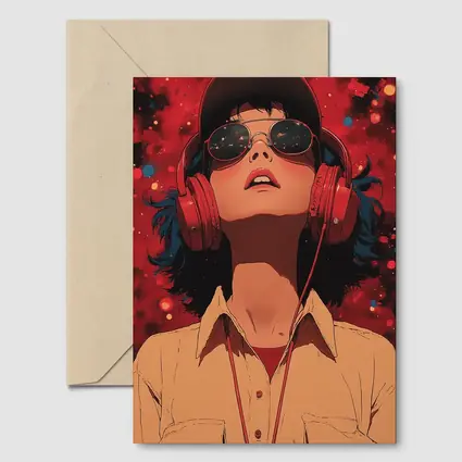 Anime Girl Headphones Red Cosmic Background