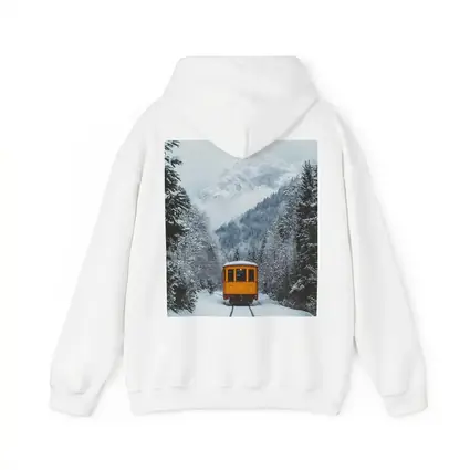 Yellow Train Passing Through Snowy Mountain Forest