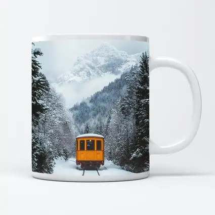 Yellow Train Passing Through Snowy Mountain Forest