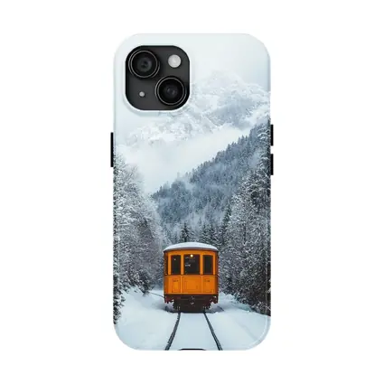 Yellow Train Passing Through Snowy Mountain Forest
