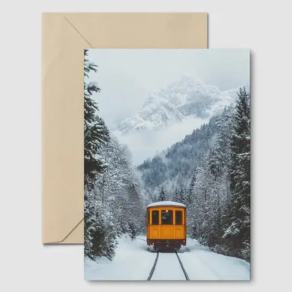 Yellow Train Passing Through Snowy Mountain Forest