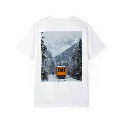 Yellow Train Passing Through Snowy Mountain Forest