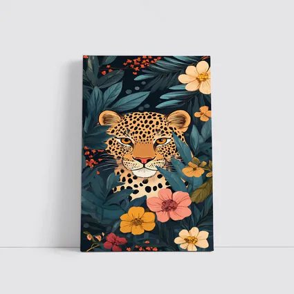 Leopard Portrait Tropical Flowers Dark Background