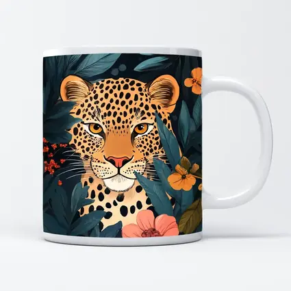 Leopard Portrait Tropical Flowers Dark Background