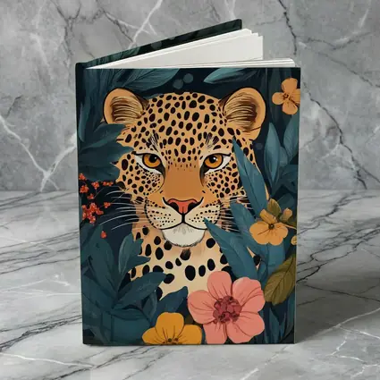 Leopard Portrait Tropical Flowers Dark Background