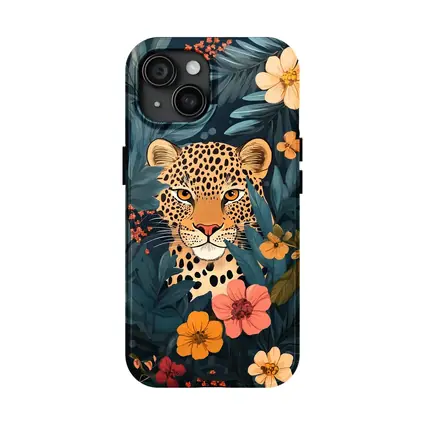 Leopard Portrait Tropical Flowers Dark Background