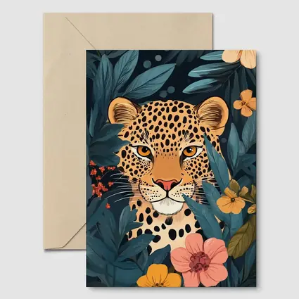 Leopard Portrait Tropical Flowers Dark Background