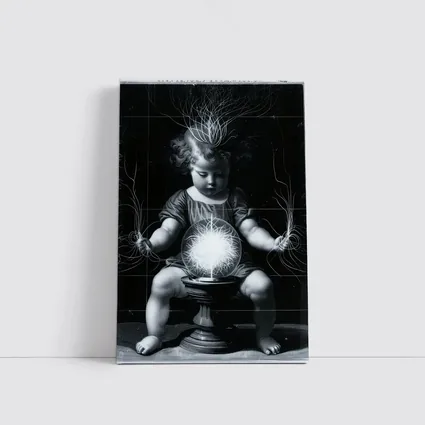 Child with Glowing Energy Ball Black Background