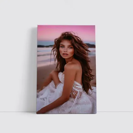 Young Woman White Dress Pink Beach Sunset