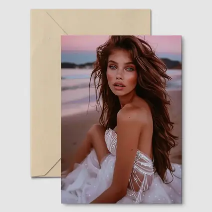 Young Woman White Dress Pink Beach Sunset