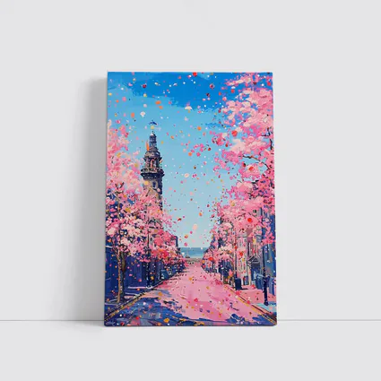 Cherry Blossom Street Scene Oil Painting