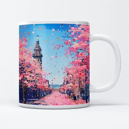 Cherry Blossom Street Scene Oil Painting